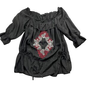 Ju's Black Embroidered Design 3/4 Sleeve 100% Silk Draw String (see measurements